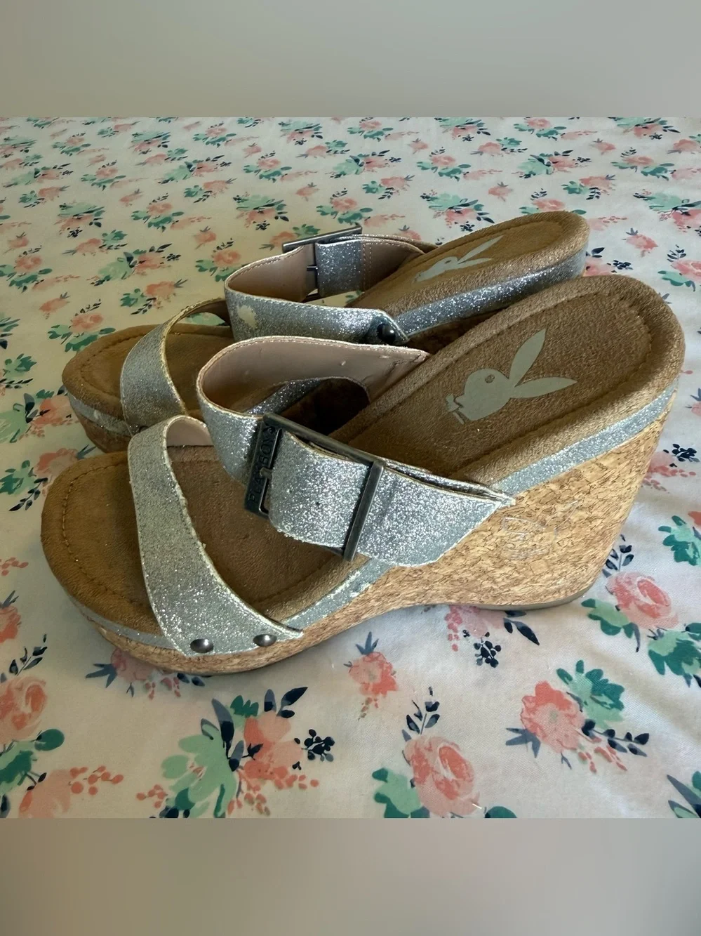 Playboy Silver Glitter Wedges